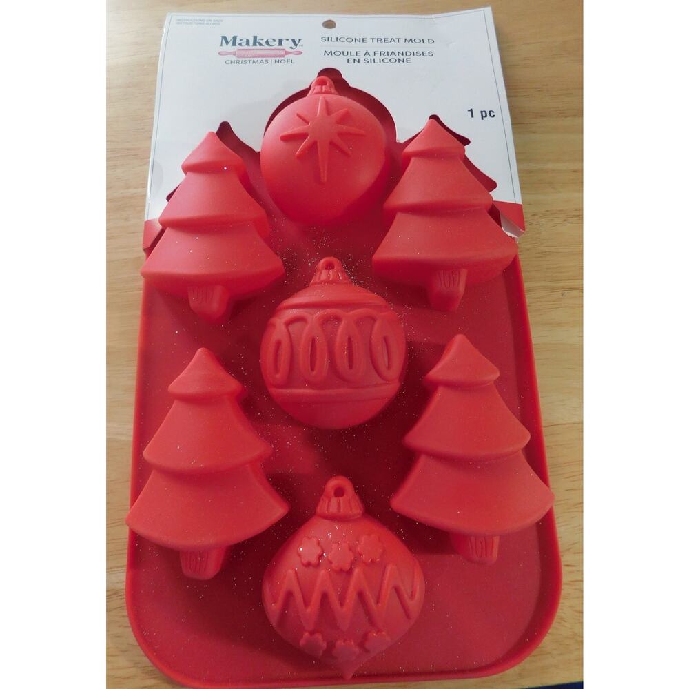 Makery Silicone Treat Molds Red 4 Trees and  6 Ornaments New In Package